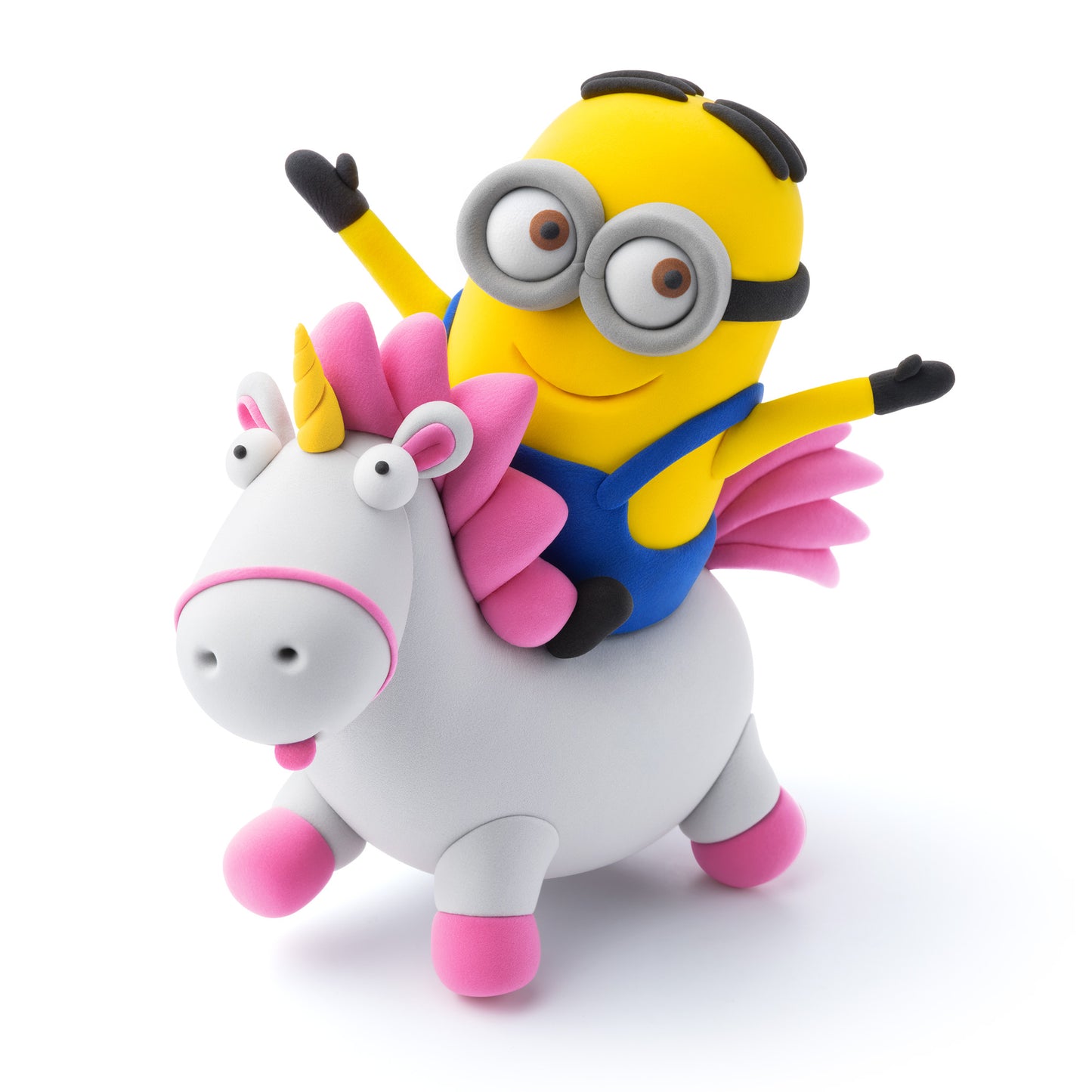 Hey Clay Minion Dave rijdt op Fluffy de eenhoorn, kleurrijk boetseerklei figuur uit de Minions set