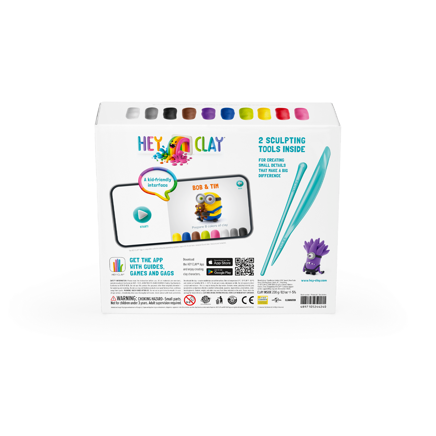 Achterzijde verpakking Hey Clay Minions met app-instructies, twee boetseergereedschappen en 15 potjes klei