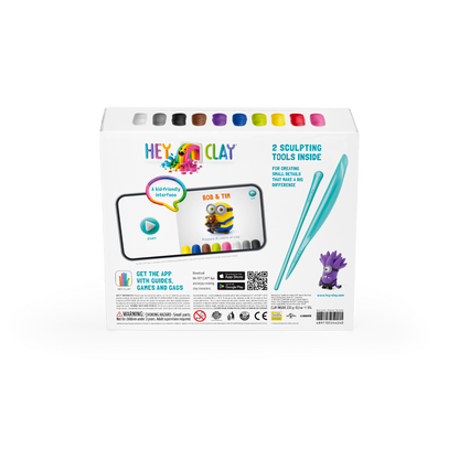 Achterzijde verpakking Hey Clay Minions met app-instructies, twee boetseergereedschappen en 15 potjes klei