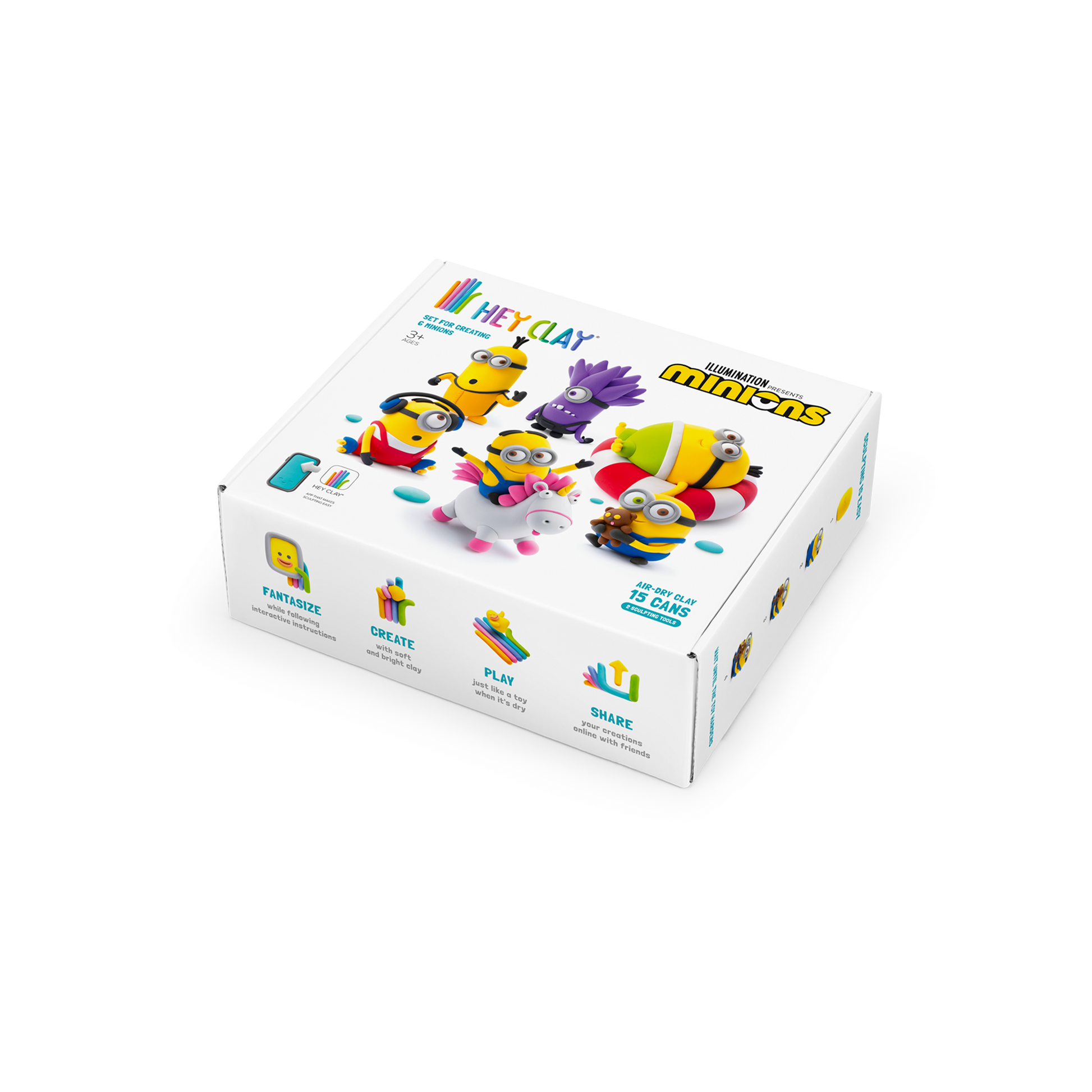 Bovenaanzicht Hey Clay Minions doos met Fantasize, Create, Play en Share concept voor creatief kleien