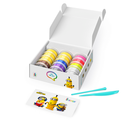 Geopende Hey Clay Minions doos met 15 potjes boetseerklei, twee gereedschappen en instructiekaart