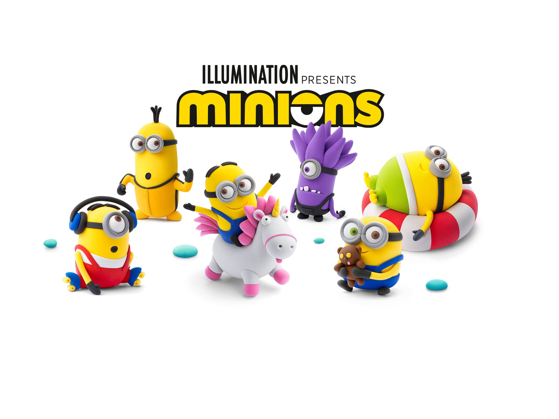 Illumination Presents Minions Hey Clay collectie met alle zes kleifiguren op witte achtergrond