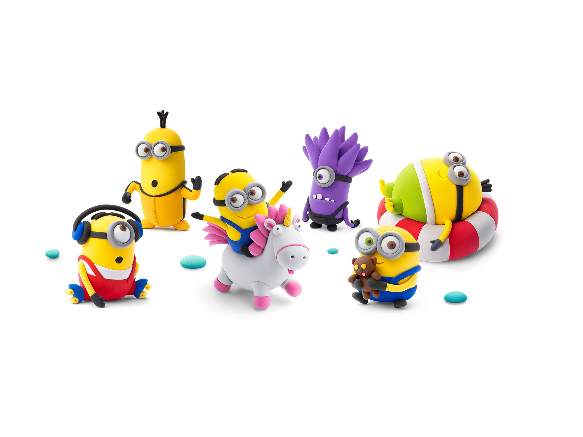 Hey Clay Minions set met zes kleifiguren: Bob, Kevin, Stuart, Otto, Evil Minion en Dave op eenhoorn