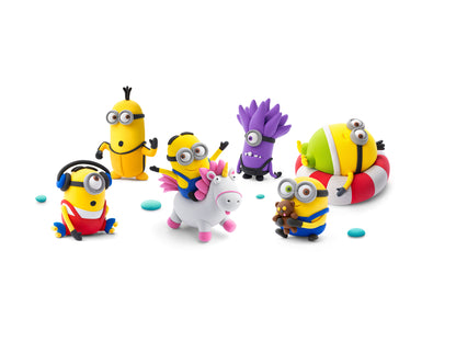 Hey Clay Minions set met zes kleifiguren: Bob, Kevin, Stuart, Otto, Evil Minion en Dave op eenhoorn
