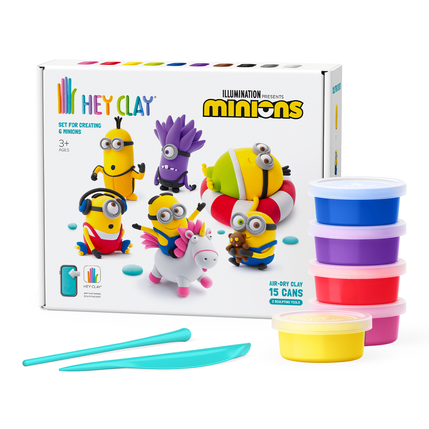 Hey Clay Minions set naast verpakking met kleurrijke potjes boetseerklei en turquoise gereedschappen