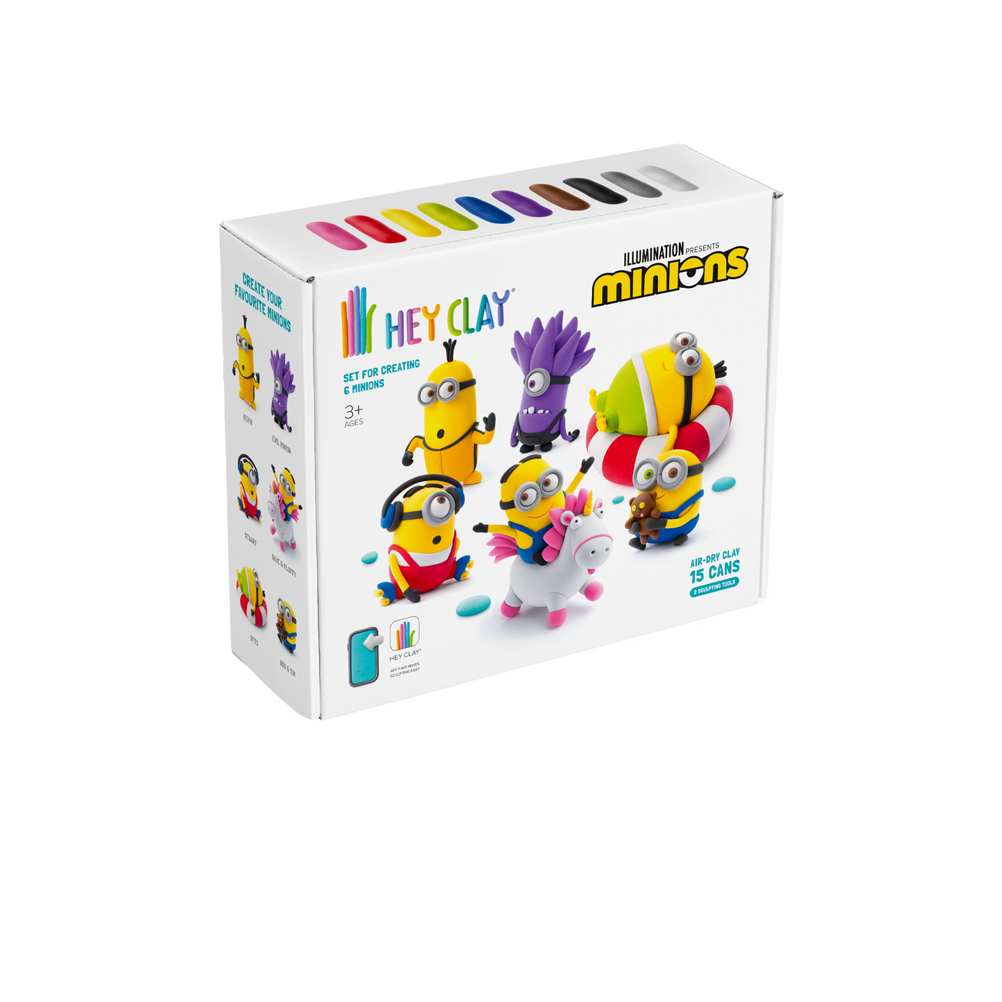 Voorkant verpakking Hey Clay Minions boetseerklei set met 15 potjes en zes Minion figuren, leeftijd 3+