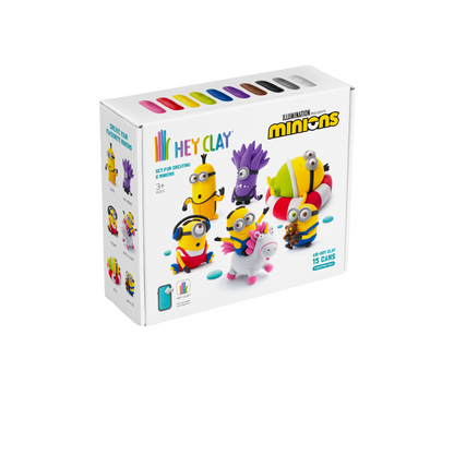 Voorkant verpakking Hey Clay Minions boetseerklei set met 15 potjes en zes Minion figuren, leeftijd 3+