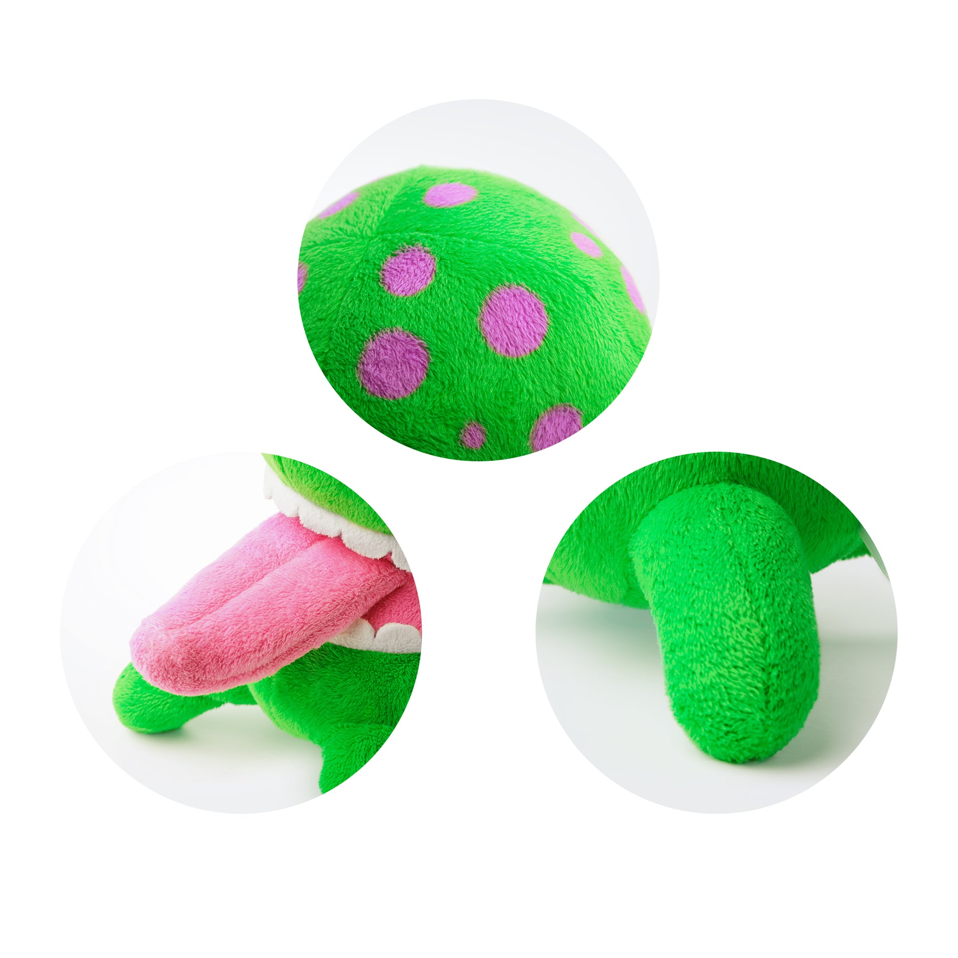 Hey Clay monster knuffel Burger detailfoto's: groene stippenkop, roze tong en zacht pluche materiaal
