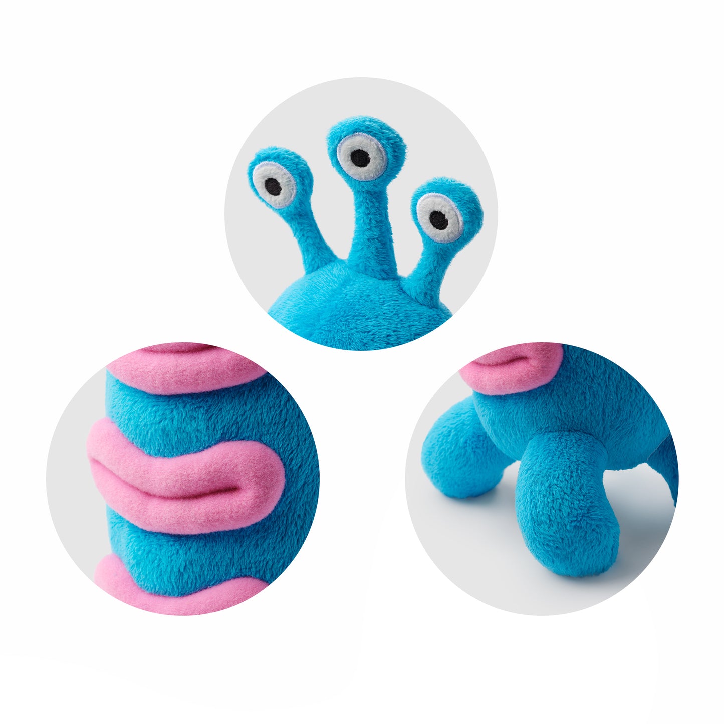 Hey Clay monsterknuffel Trio detailfoto's blauw pluche met roze accenten, hoogwaardige afwerking