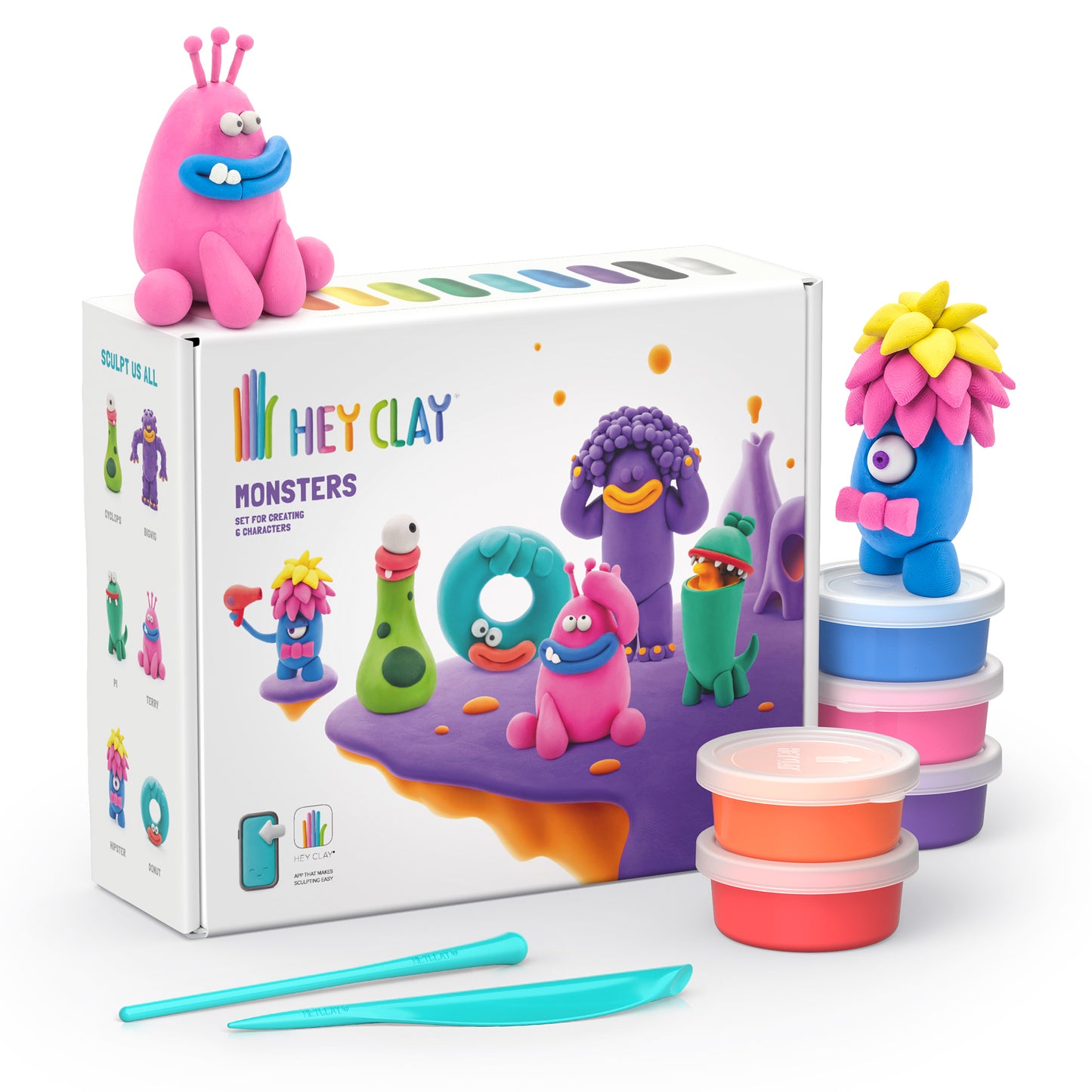 Hey Clay Monsters set met 15 potjes boetseerklei, verpakking voorkant, kleurrijke monsters en gereedschap