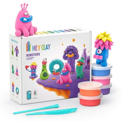 Hey Clay Monsters set met 15 potjes boetseerklei, verpakking voorkant, kleurrijke monsters en gereedschap