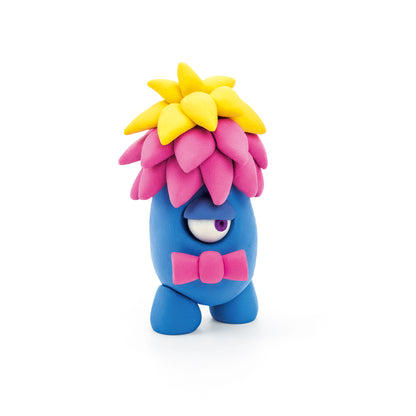 Hey Clay Monsters karakter achterkant, blauw cyclops monster met roze en gele details van boetseerklei