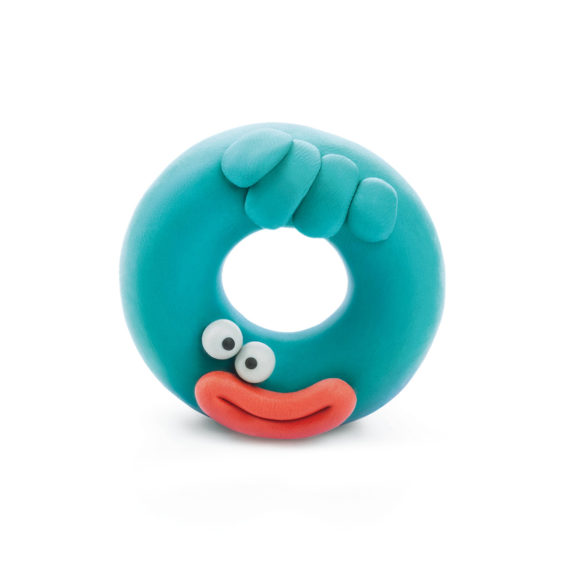 Hey Clay Monsters Donut karakter, turquoise ringvorm monster met vrolijk gezicht van kleurrijke kleien