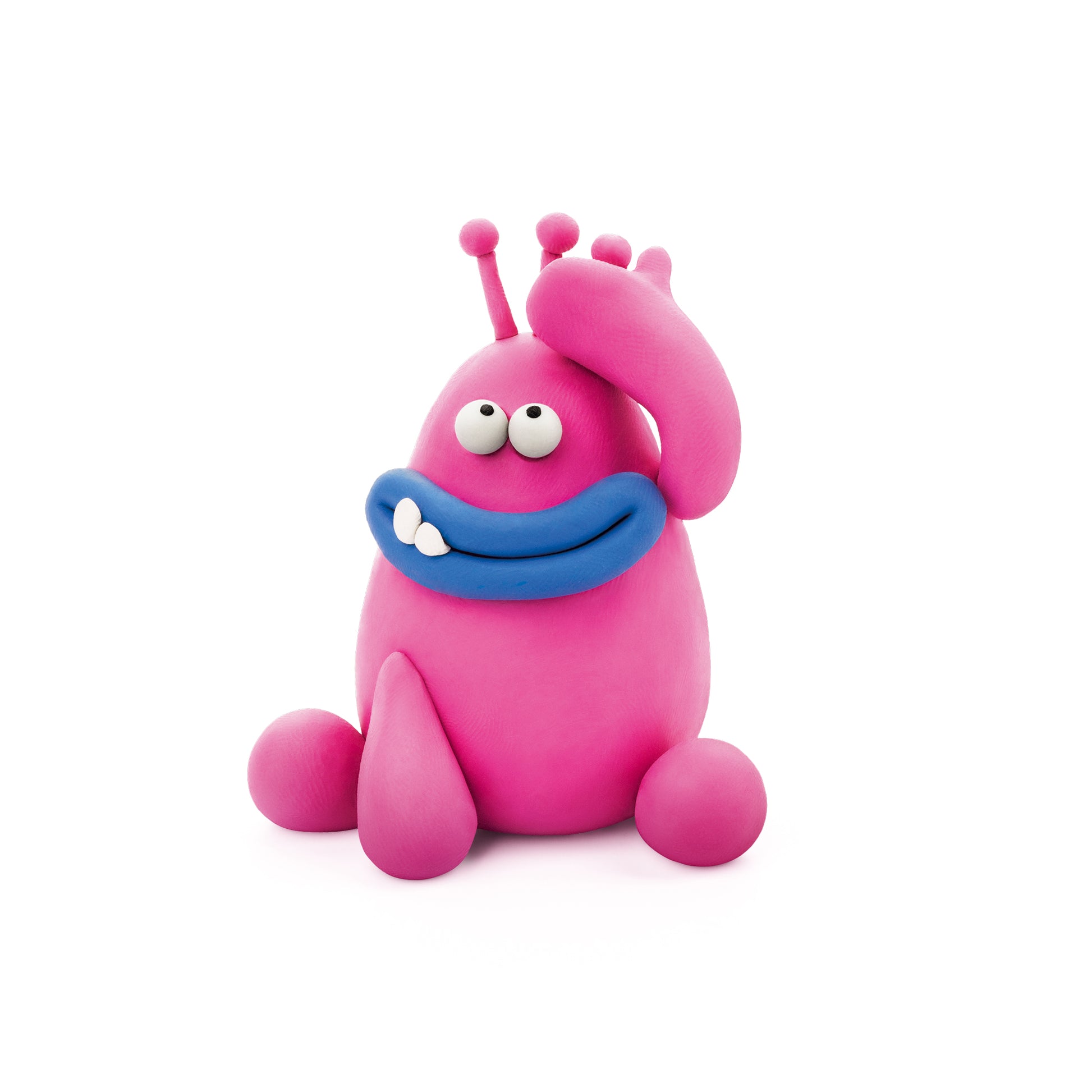 Hey Clay Monsters Terry karakter close-up, roze monster met blauwe mond gemaakt van kleurrijke boetseerklei