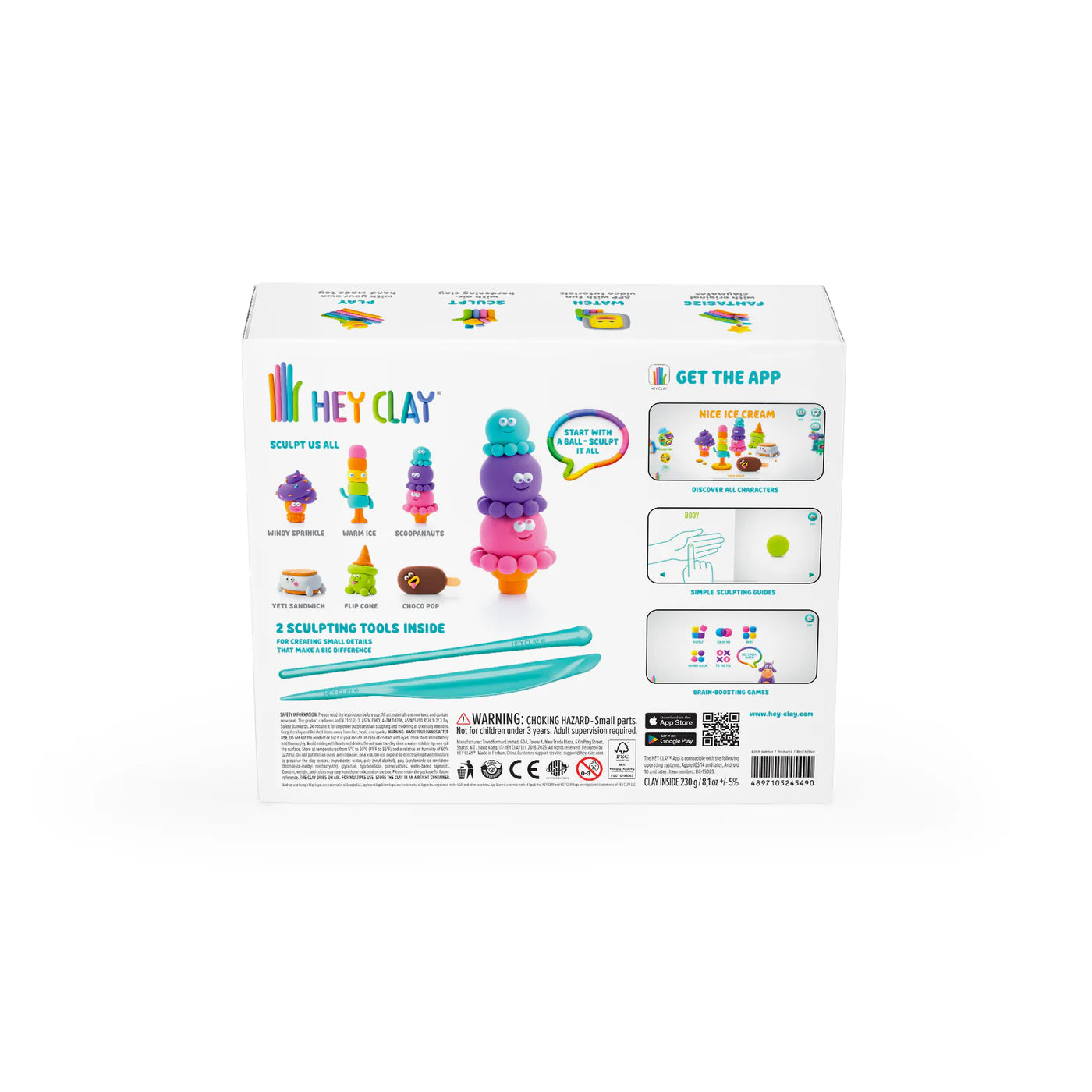 Achterkant doos Hey Clay Nice Ice Cream set met 15 potjes boetseerklei en sculpting tools voor creatief kleien