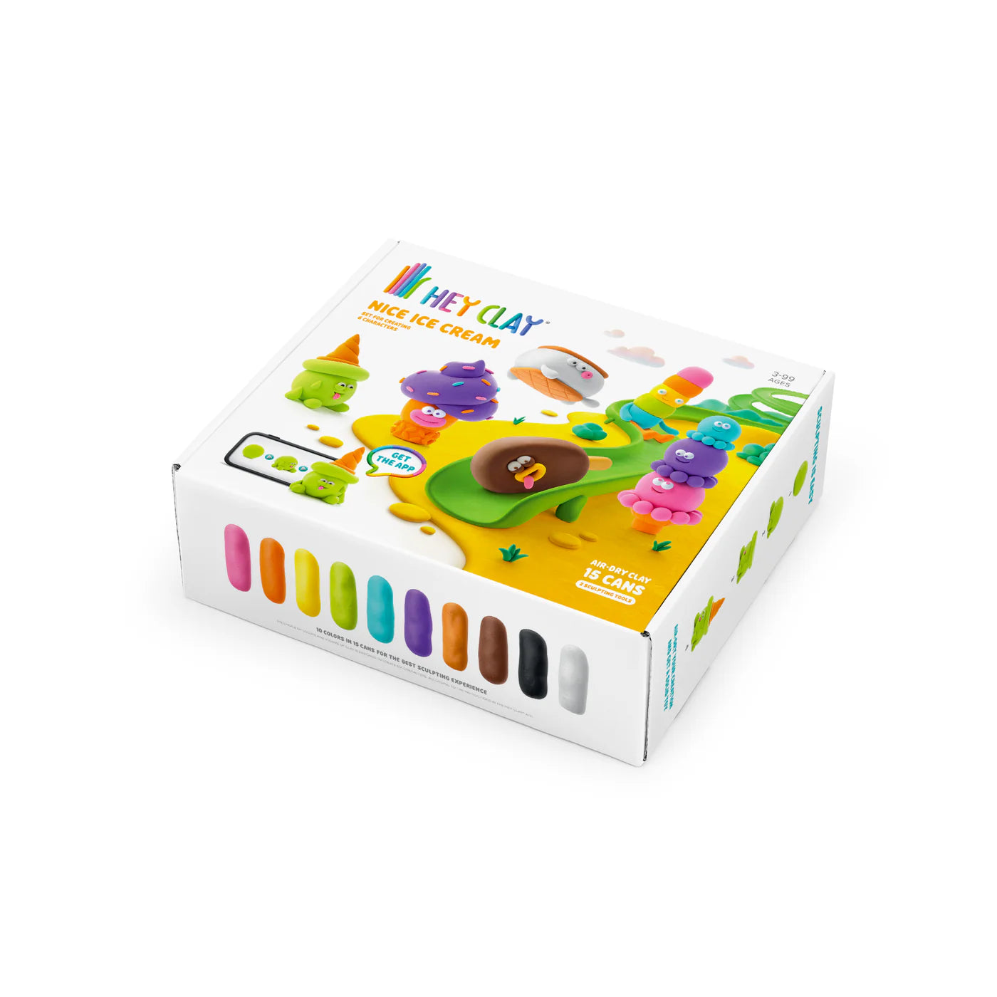 Liggende doos van complete speelgoedset van Hey Clay Nice Ice Cream met 15 potjes boetseerklei en leuke figuren om te kleien