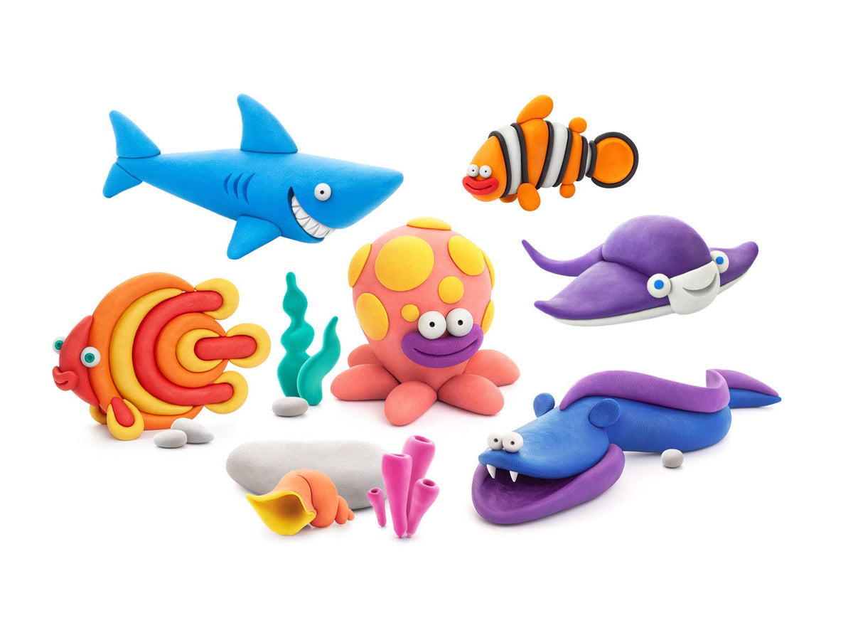 Hey Clay oceaandieren collectie: haai, octopus, clownvis en pijlstaartrog gemaakt van kleurrijke boetseerklei