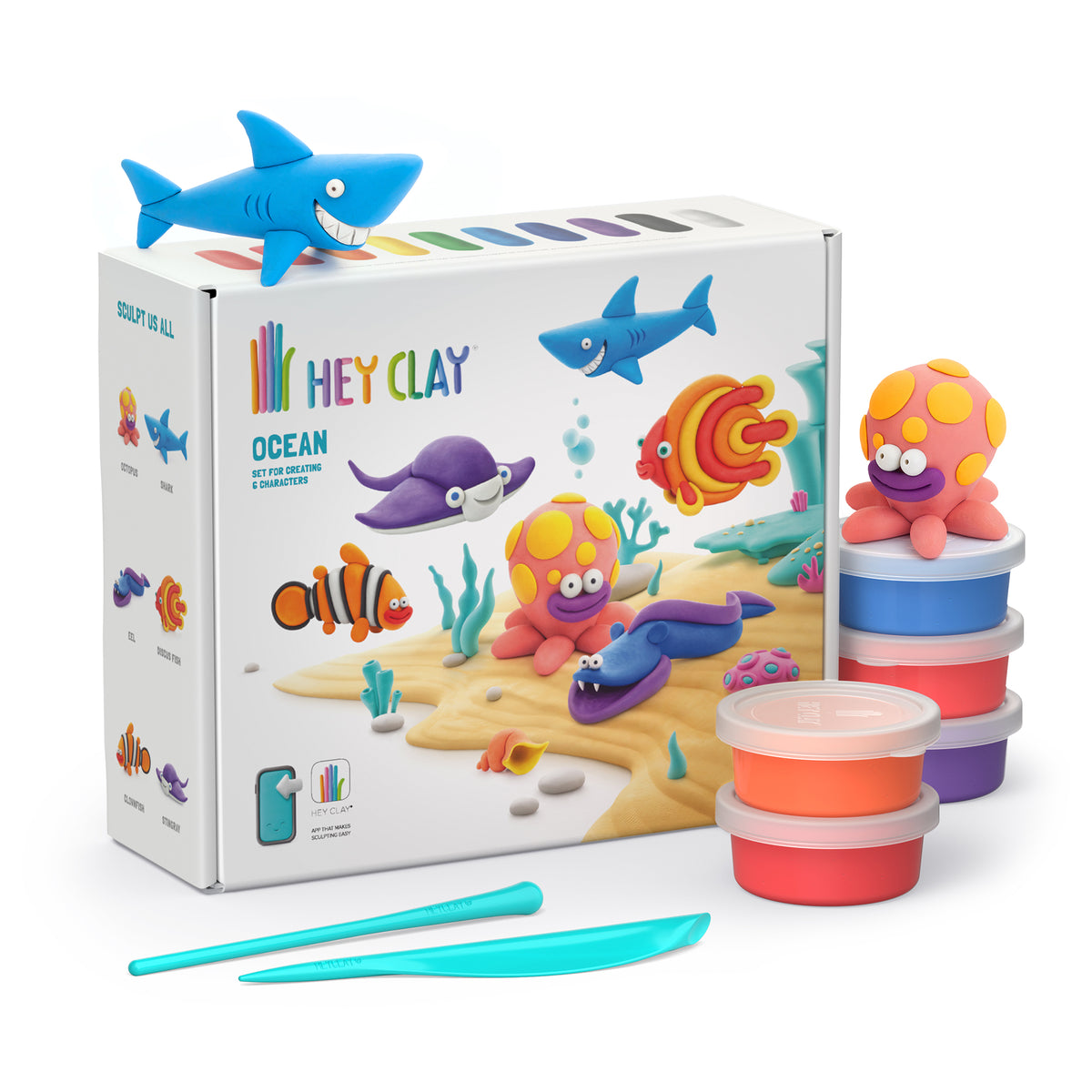 Hey Clay Ocean set voorkant verpakking met 15 potjes boetseerklei, blauwe haai en oceaandieren speelgoed