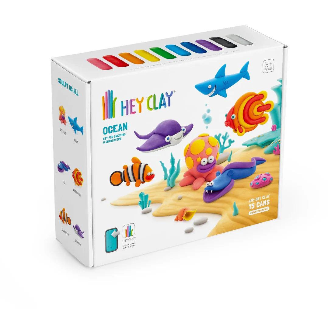 Voorkant doos Hey Clay ocean boetseerklei met kleurrijke zee dieren en 15 potjes, ideaal voor kinderen en klei ideeën.
