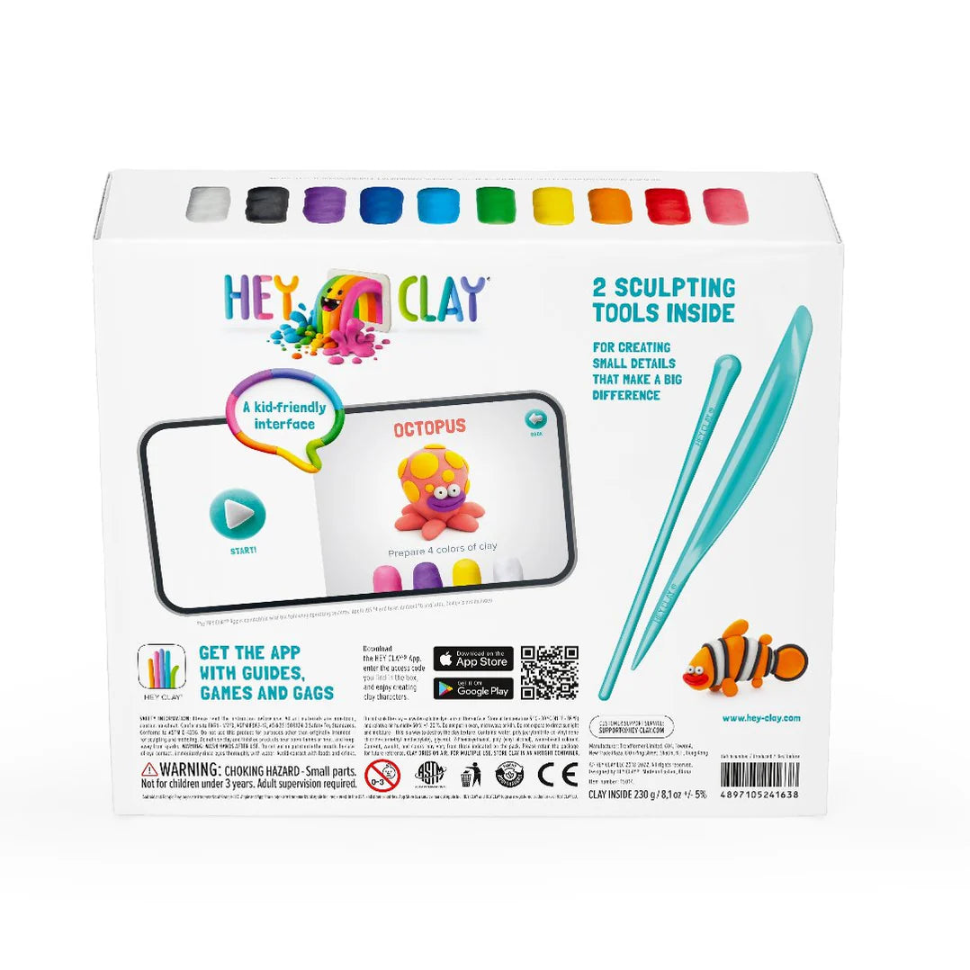 Achterkant doos Hey Clay Ocean boetseerklei met app-instructies, sculpting tools en kleurrijke klei ideeën voor kinderen.