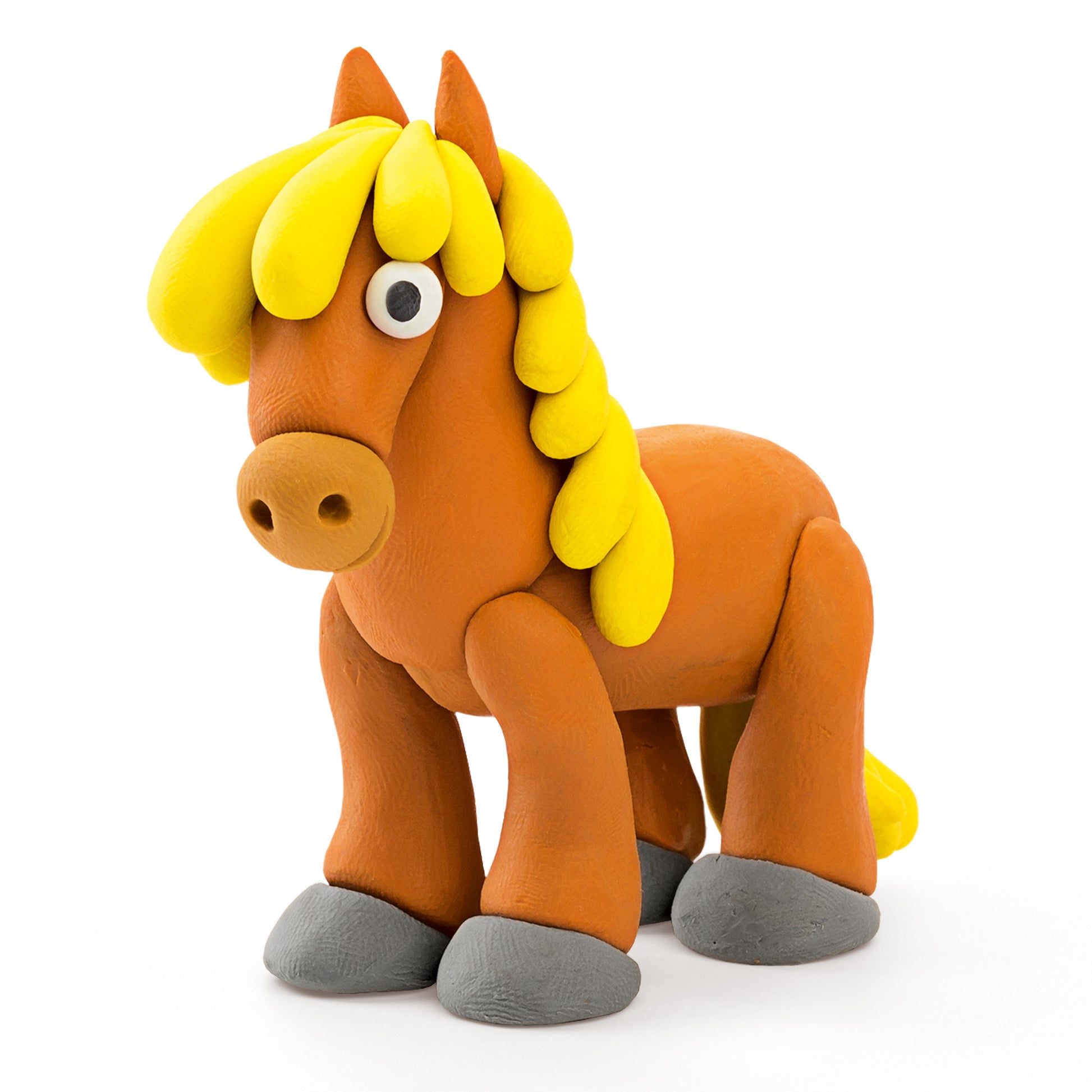 Hey Clay oranje paard met gele manen, boetseerklei boerderijdier zijaanzicht Farm Animals