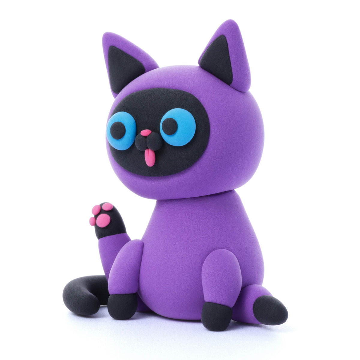 Hey Clay paarse kat met zwart gezicht gemaakt van boetseerklei, zittend fluffy pets huisdieren figuur