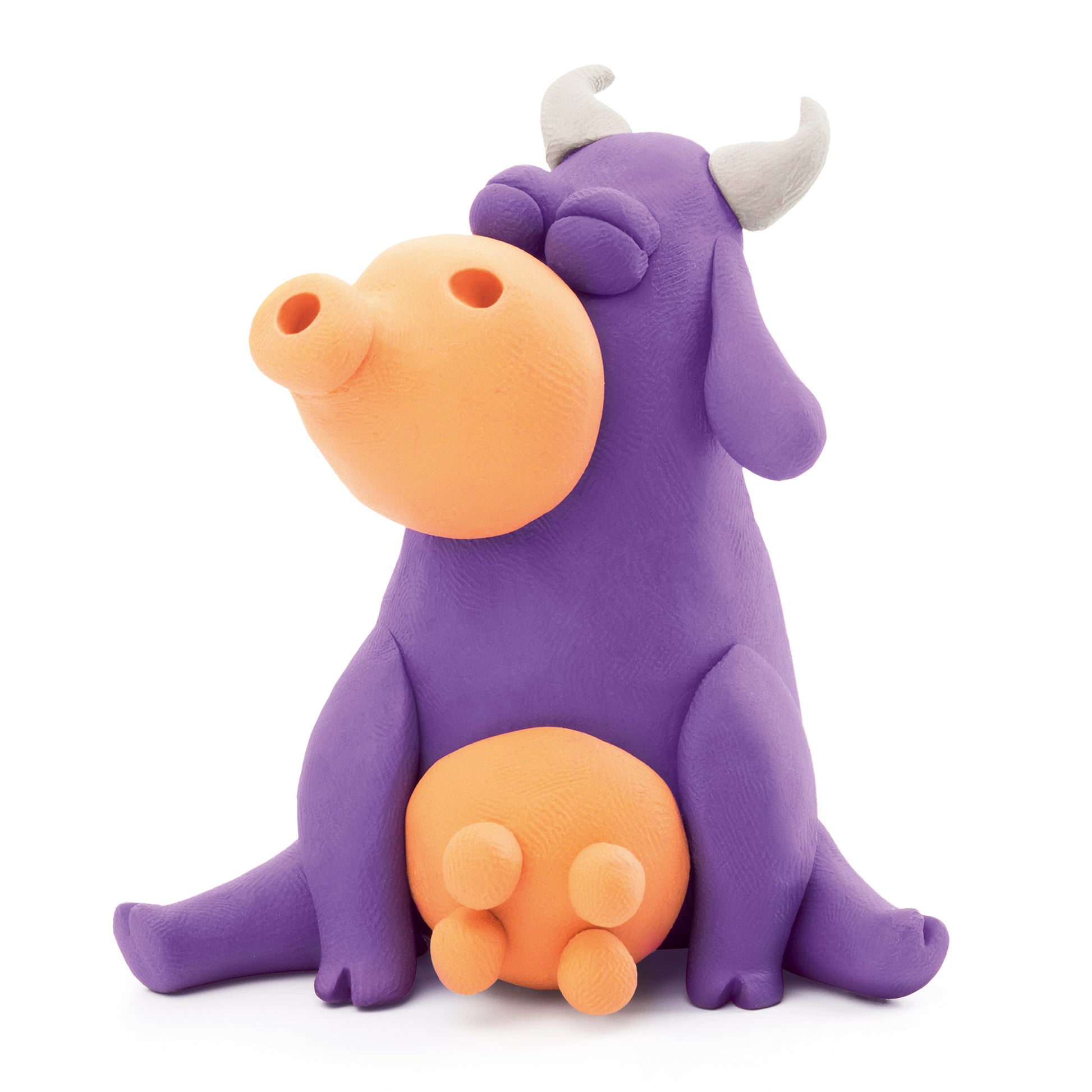 Hey Clay paarse koe met witte horens, boetseerklei boerderijdier vooraanzicht Farm Animals