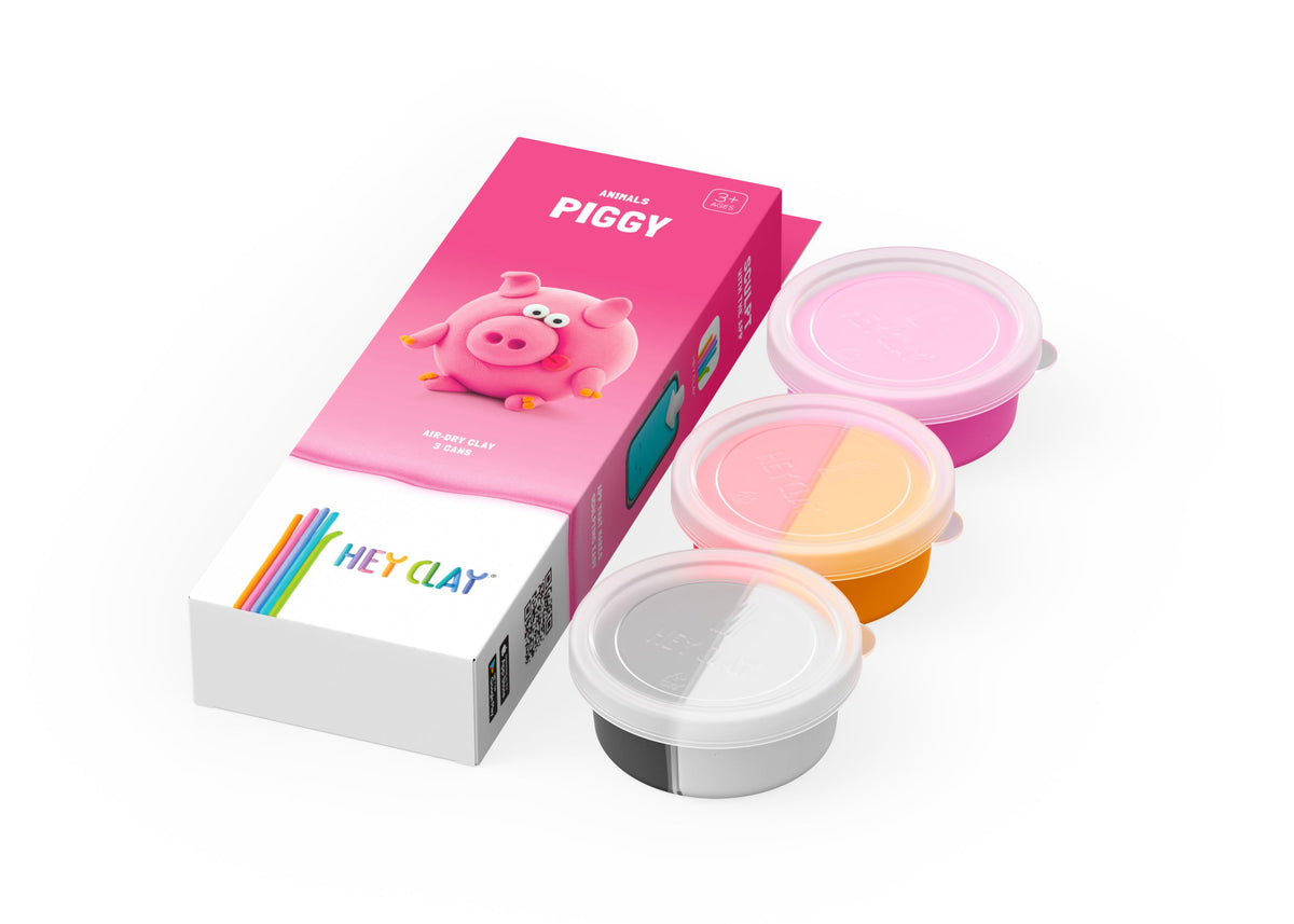 Hey Clay Piggy verpakking met 3 potjes boetseerklei in roze, oranje en grijs voor varkentje maken