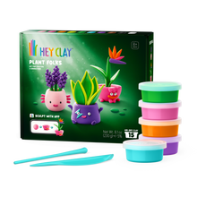Hey Clay Plant Folks voorkant verpakking met 15 potjes boetseerklei en gereedschap voor plantenvriendjes