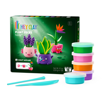 Hey Clay Plant Folks voorkant verpakking met 15 potjes boetseerklei en gereedschap voor plantenvriendjes