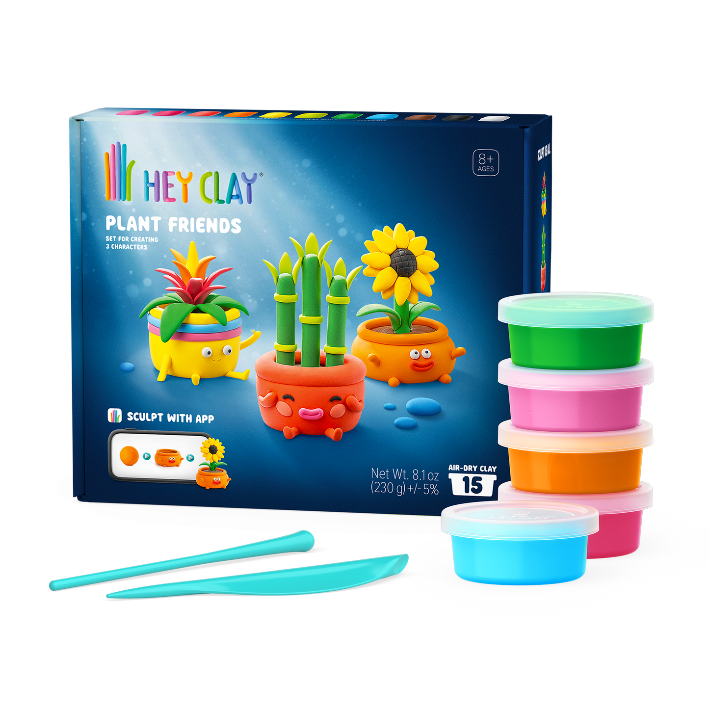 Hey Clay Plant Friends voorkant verpakking met 15 potjes boetseerklei en kleurrijk speelgoed gereedschap