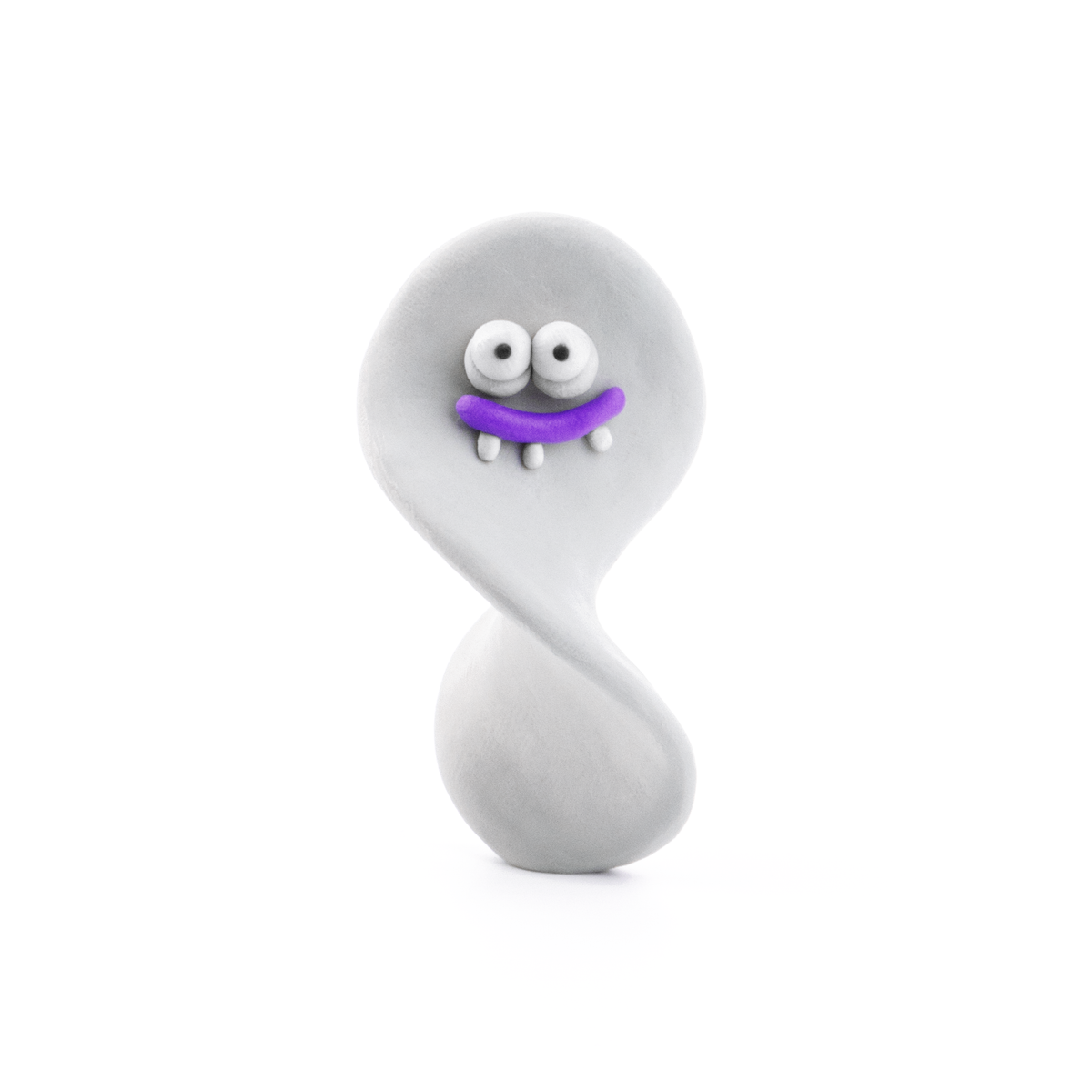 Hey Clay Poop Oops grijze geestfiguur boetseerklei met paarse glimlach, grappig klei karakter