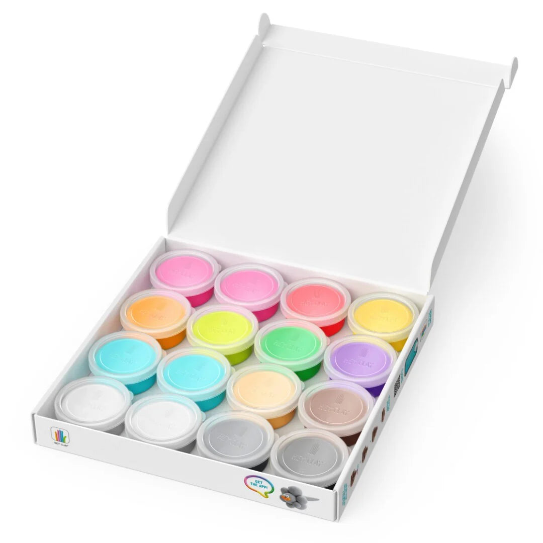 Hey Clay Poop Oops open doos bovenaanzicht met 16 potjes kleurrijke boetseerklei voor kinderen