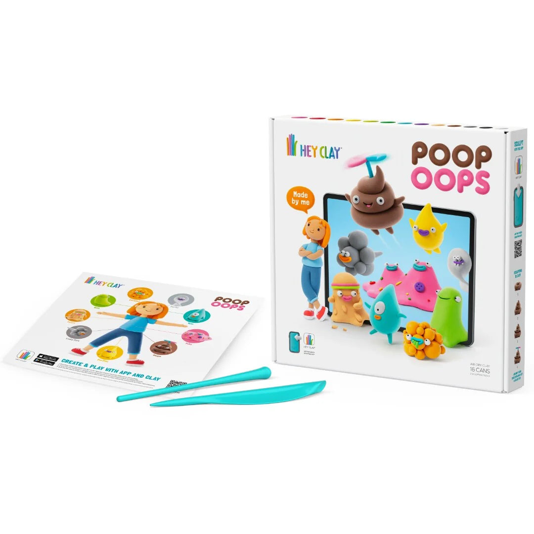 Hey Clay Poop Oops verpakking met instructies, gereedschap en overzicht klei ideeën voor kinderen