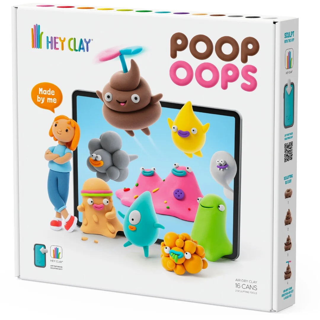 Hey Clay Poop Oops voorkant doos met 16 potjes klei, app-informatie en creatieve speelgoedset
