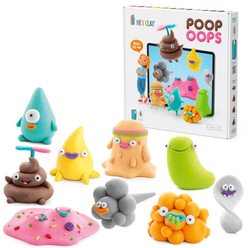 Hey Clay PoopOops klei set met kleurrijke, grappige figuren en voorzijde doos, ideaal voor maken van fantasierijke karakters. 