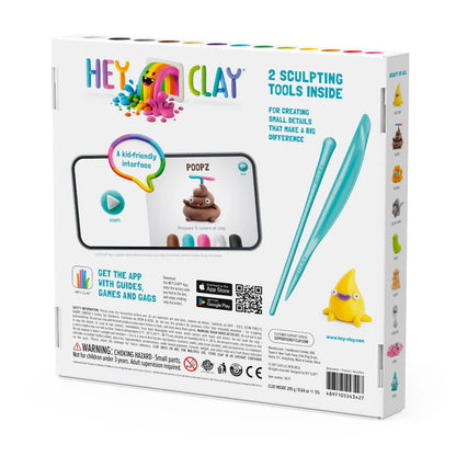 Achterzijde doos Hey Clay PoopOops klei set met uitleg over sculpting tools, app-functionaliteit en kleurrijke figuren voor creatief spel.