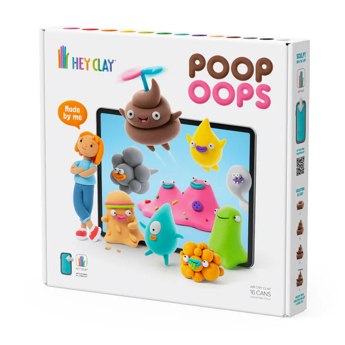 Voorzijde doos Hey Clay PoopOops klei set met 16 potjes en grappige figuren, voor creatief spel en fantasierijke creaties.