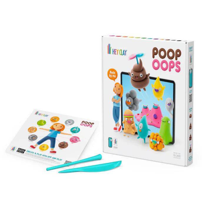 voorzijde Hey Clay PoopOops klei set met 16 potjes, sculpting tools en handleiding, ideaal voor grappige figuren maken.