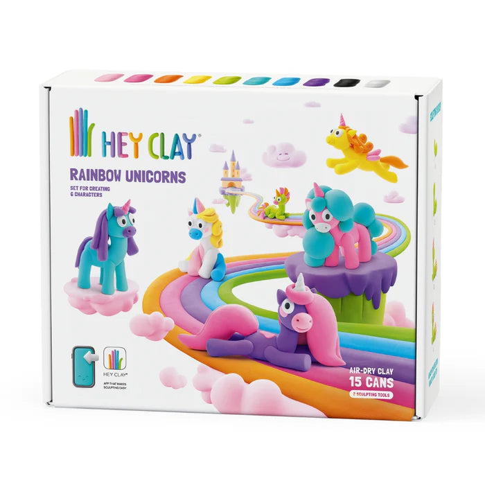 De Hey Clay Unicorns Eenhoorn-set bevat regenboog-eenhoornvormen en 15 potjes voor creatieve ontwikkeling.