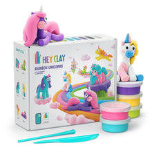 Hey Clay Rainbow Unicorns set met 15 potjes boetseerklei, tools en kleurrijke eenhoorns op verpakking