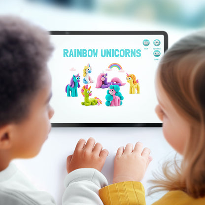 Hey Clay Rainbow Unicorns app weergave met kinderen, interactief klei speelgoed voor eenhoorns maken