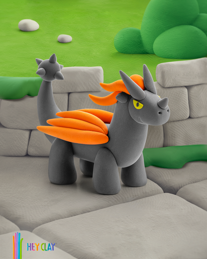 Hey Clay draak Shadow grijs met oranje vleugels en gele ogen, staand op stenen kasteel decor
