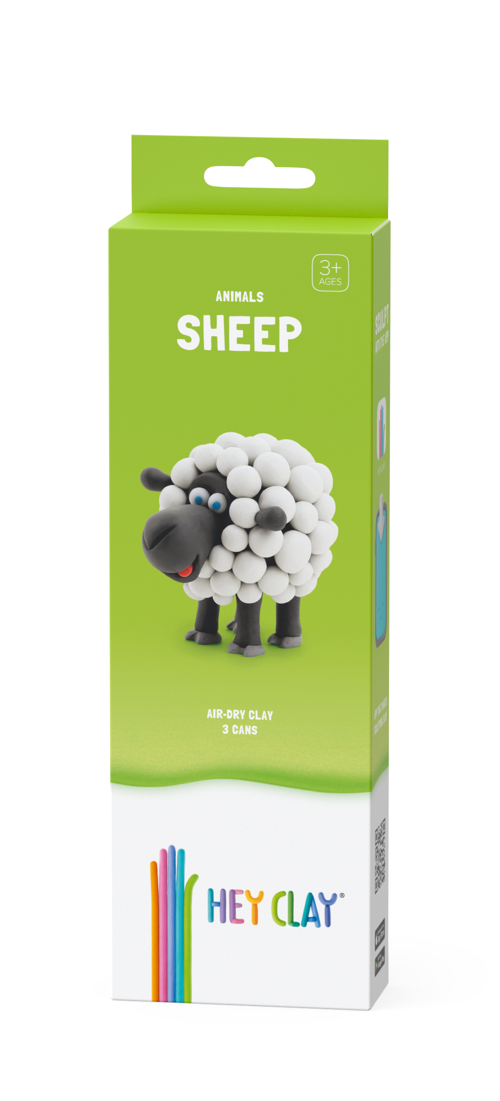 Hey Clay Sheep verpakking voorkant in groen met schaap afbeelding en 3 potjes boetseerklei tekst