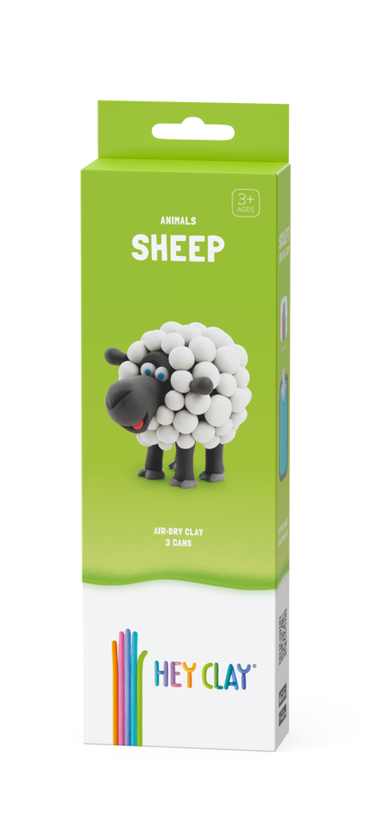 Hey Clay Sheep verpakking voorkant in groen met schaap afbeelding en 3 potjes boetseerklei tekst
