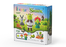 Hey Clay Shrek voorkant verpakking met 12 potjes boetseerklei en DreamWorks-karakters in kleurrijke doos