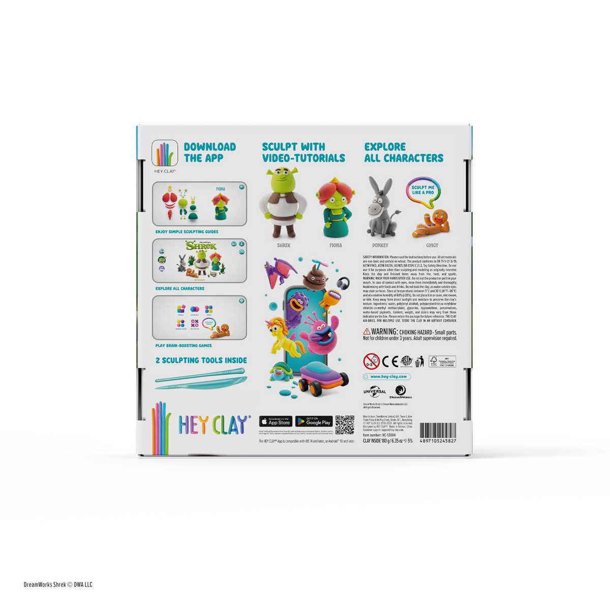Hey Clay Shrek achterzijde verpakking met app-info, karakters Donkey, Fiona en Gingy, instructies en waarschuwing