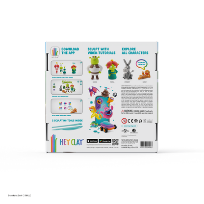 Hey Clay Shrek achterzijde verpakking met app-info, karakters Donkey, Fiona en Gingy, instructies en waarschuwing