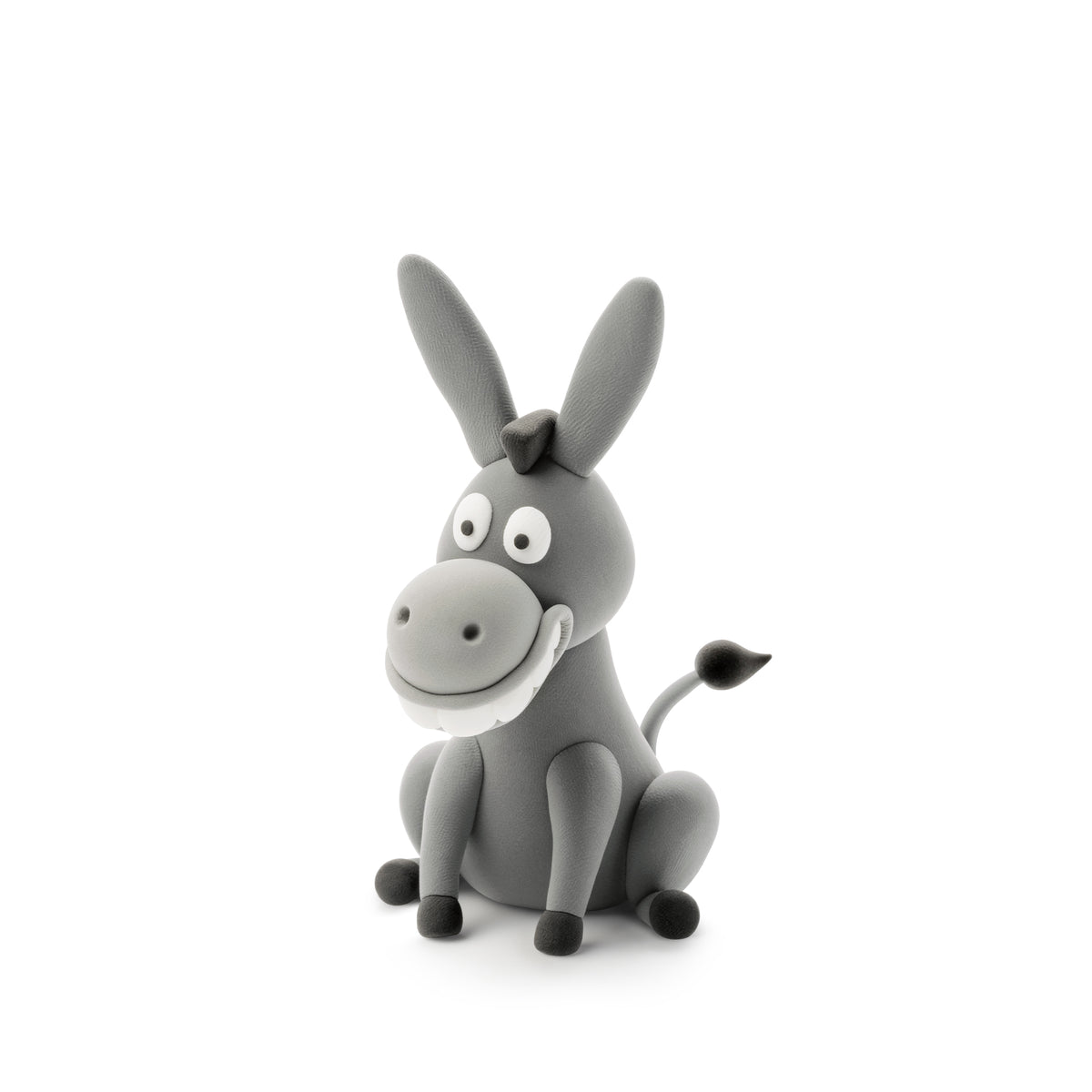 Hey Clay Shrek Donkey figuur van grijze boetseerklei met grote oren en vrolijke uitdrukking zittend