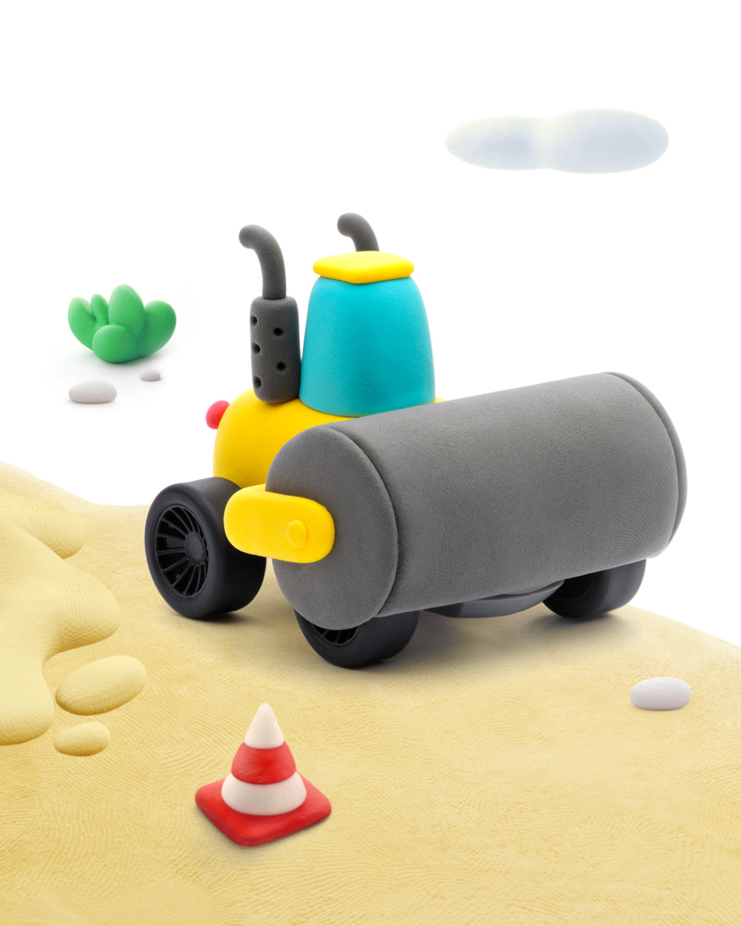 Hey Clay stoomwals boetseerklei detail - grijze Construction Vehicles speelgoed met verkeerskegel